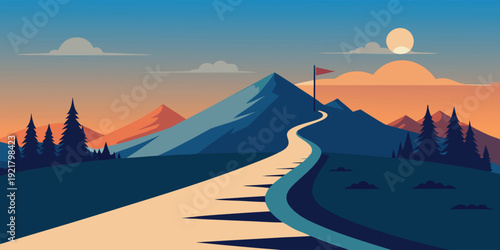 A serene mountain landscape under a setting sun with a winding path