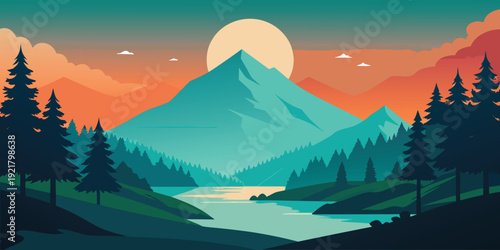 A serene landscape with a majestic mountain under a glowing moon