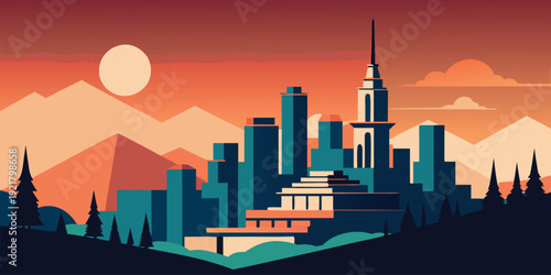 A futuristic city skyline under a large moon with mountains in the background