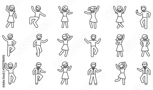 People dancing with joyful gestures in various poses and outfits