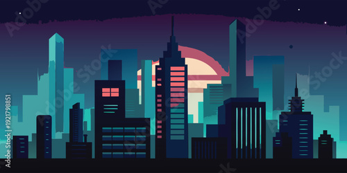 A futuristic cityscape with towering skyscrapers and a glowing neon sign.