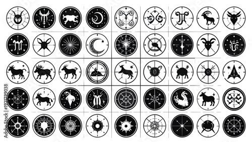 Zodiac Astrology Symbol Collection with Horoscope Signs Monochrome Vector Set