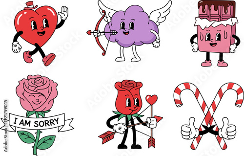 Valentine cartoon characters illustration, cute heart with hat, cupid cloud, chocolate bar, roses with faces, candy canes, romantic apology artwork design