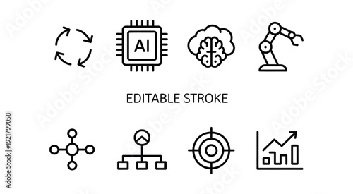 AI Black-and-White Icon Set – Cloud Intelligence, Robotics, Computer Vision and Data Flow Vector Collection.