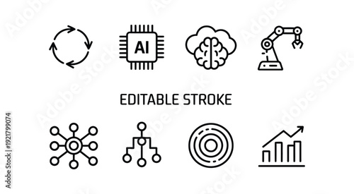 Artificial Intelligence Outline Icons – Cloud AI, Robotics, Data Flow, Computer Vision.