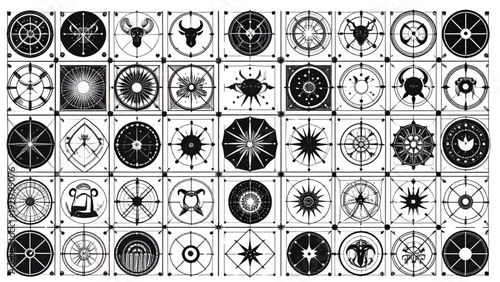Zodiac Astrology Symbol Collection with Horoscope Signs Monochrome Vector Set