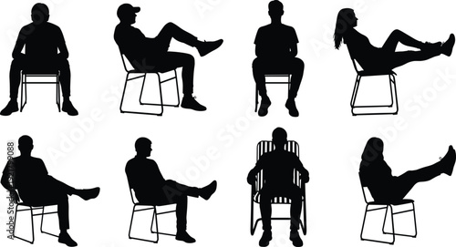 Seated people silhouette set, men women sitting chair poses, relaxed posture collection, waiting lifestyle concept, modern human figures vector