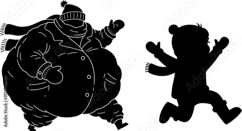Winter clothing cartoon illustration, bundled person in oversized coat, child silhouette jumping joyfully, humorous cold weather artwork, vector design, seasonal lifestyle concept
