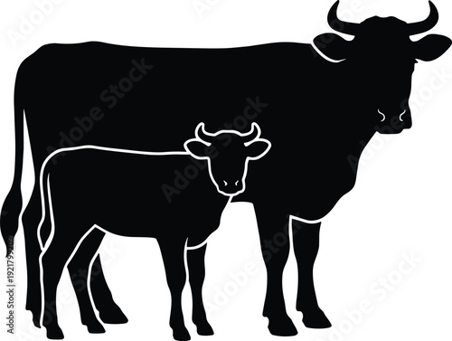 Cow and calf silhouette vector illustration, black cattle livestock farm animal icon design isolated on light background