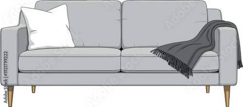 Modern Gray Sofa with Decorative Pillow and Throw Blanket Minimal Living Room Furniture Vector Illustration
