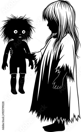 Creepy child silhouette illustration, eerie doll artwork, horror nightgown figure, spooky black and white design, unsettling mysterious atmosphere, dark vector cartoon concept
