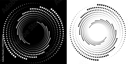 Spiral with lines in circle. 3 segments. Abstract geometric art line background, logo, icon, design element. A black figure on a white background and an equally white figure on the black side.