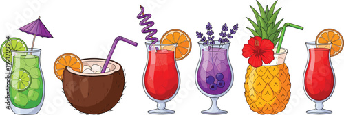 Colorful Tropical Cocktail Drink Collection with Fresh Fruit Garnish Summer Beverage Vector Illustration Set for Menu Design