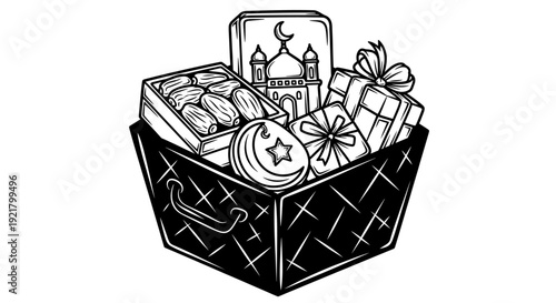 Illustration of Gift Basket with Various Items.