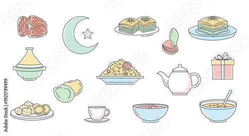 Assorted Ramadan Food and Drink Illustrations.