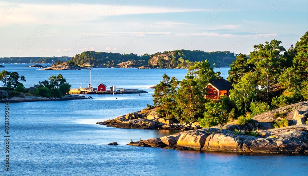 Fototapeta premium Scenic shot of a coastline featuring islands with vibrant green trees and small red cabins bathed in soft golden sunlight reflecting on the water