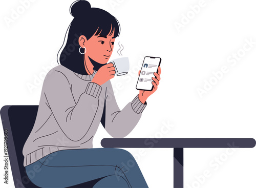 Modern digital communication illustration, person with smartphone and coffee, social media browsing artwork, casual lifestyle vector design, technology and leisure concept cartoon