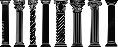 Classical architectural columns silhouette vector collection featuring Doric Ionic Corinthian styles, ancient pillars designs, black and white isolated set