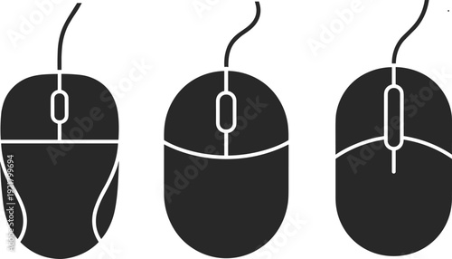 Computer mouse silhouettes illustration showing different wired mouse designs isolated on white background flat vector style for technology hardware and interface concepts