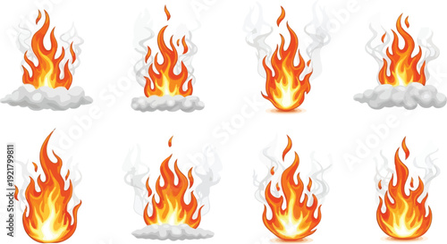 Set of animated fire flame sprites with smoke effects for game design and visual projects