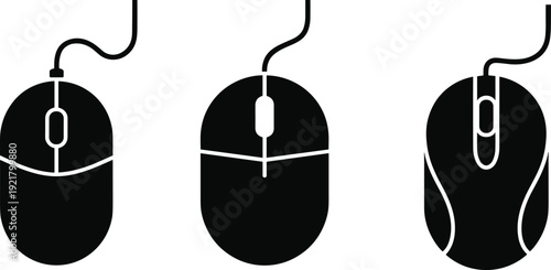 Computer mouse silhouettes illustration set featuring wired optical mouse designs isolated on white background flat vector style for technology and user interface concepts