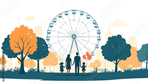 A vibrant illustration of a ferris wheel overlooking a peaceful cityscape with trees. isolated on transparent background
