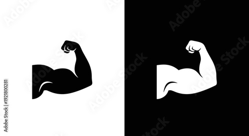 Flexed Biceps Muscle Icon Set in Black and White, Minimal Strength Power Symbol on Square Background