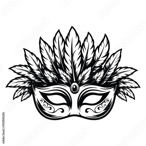 Black and white illustration of a venetian carnival mask with feathers  face  decorative