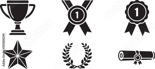 Set of six minimalist award and celebration icons featuring a trophy cup, first place medal silhouettes, star, laurel wreath, and diploma for success, achievement, and recognition UI