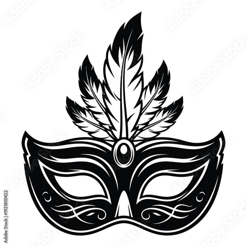 Black and white masquerade mask with feathers on top for carnival party