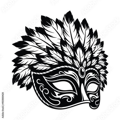 Black and white Venetian masquerade mask with feathers on head