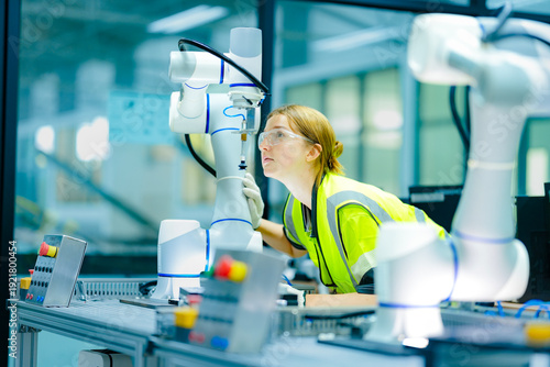 Two technicians program a collaborative robot cobot for a precise pick-and-place task, working safely alongside the machine to optimize its movements and end-effector grip.