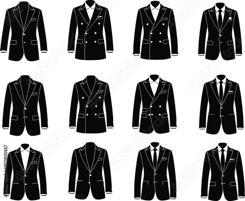 Set of 12 Men's Classic Suit Jackets Silhouettes: Single and Double-Breasted Blazers, Formal Wear, Business, Fashion, and Tailoring Icons