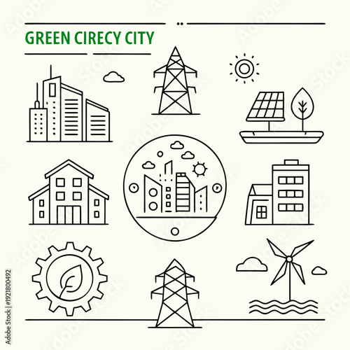 Green city Web Icon Set in Line Style. Collection of Green energy Linear Icons, Including renewable energy, autonomous building, air and water quality, zero waste, environmental. Editable Stroke