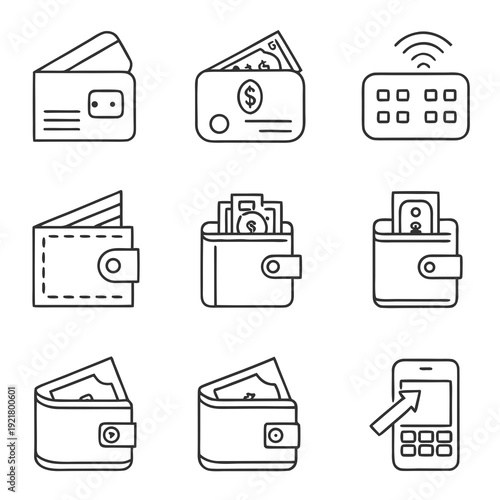 Wallet set of web icons in line style. A collection of linear icons representing wallet concepts, including cash, credit cards, digital wallet, money, security, payment, mobile wallet. Editable stroke