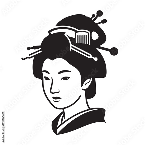 Japanese Geisha Portrait – Minimal Black and White Vector