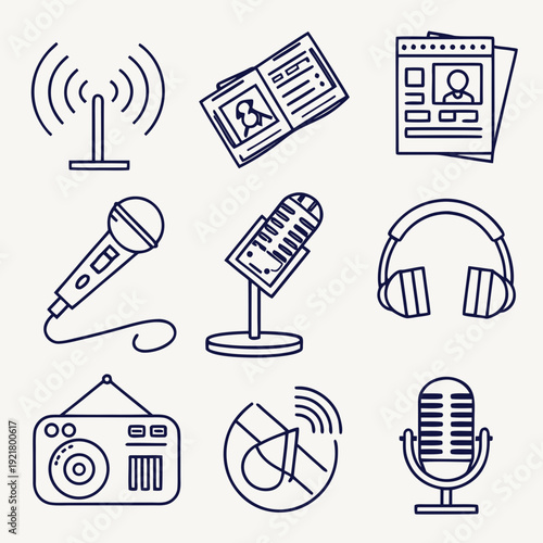 Podcast set of web icons in line style. Podcast radio linear icon collection. Containing microphone, radio, webcast, broadcast, audio, channel, video, headphones, news, and more. Editable stroke