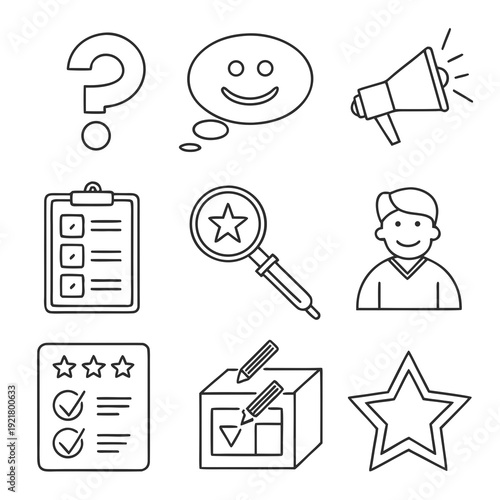 Survey Web Icon Set in Line Style. Collection of feedback Linear Icons, Including question, opinion, satisfaction, opinion, research, review, satisfaction, task, poll, answer and More. Editable Stroke