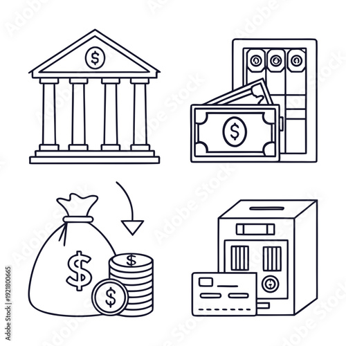Deposit set of web icons in line style. A collection of linear icons representing deposit concepts, including bank deposit, savings account, money transfer, direct deposit, investment. Editable stroke
