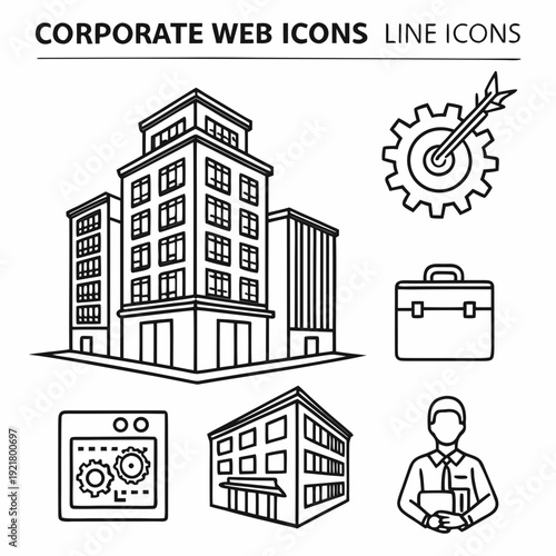 Corporate Web Icon Set in Linear Style. Collection of corporate business, line icons, including business strategy, office, management, workflow, buildings and more. Editable stroke