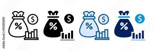 Financial Growth Vector Icon Set with Money Bag, Dollar Coin and Rising Bar Chart, Isolated on Transparent Background
