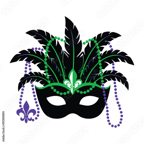 Mardi Gras mask with colorful feathers beads and fleur de lis on white