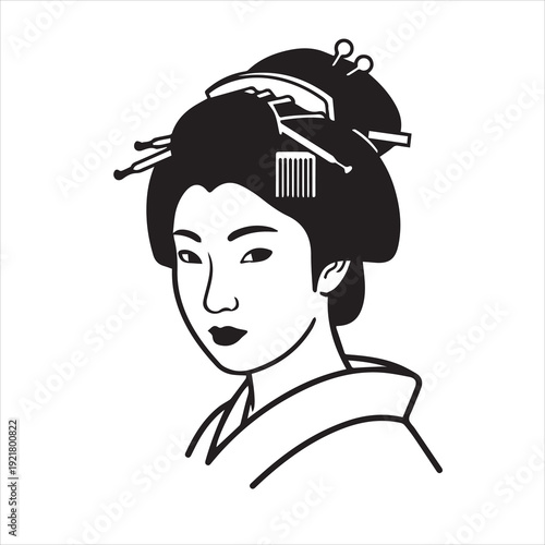 Japanese Geisha Portrait – Minimal Black and White Vector