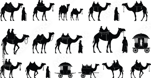 Camel and People Silhouette Set, Desert Oasis Adventure, Caravan Journey, Traditional Transport, Arabian Culture, Vector Illustration for Adobe Stock