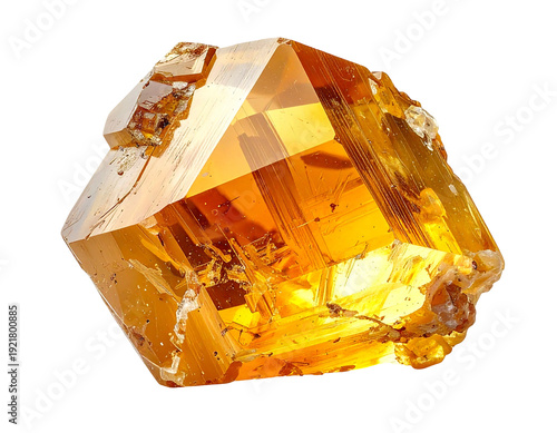 Golden crystal gemstone isolated on white background close-up view.