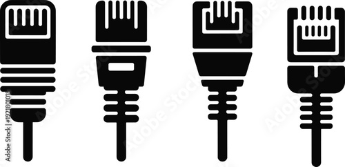 Ethernet cable connector silhouettes illustration set showing network internet plug icons isolated on white background flat vector style for technology concepts