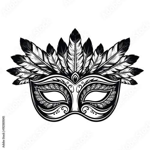 Ornate masquerade mask with decorative feathers on top for carnival  Venetian style