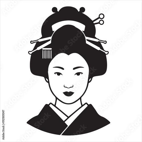 Japanese Geisha Portrait – Minimal Black and White Vector