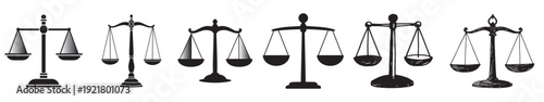 Scales of justice icon set. Law and legal symbol fivecourt or lawyer. Libra zodiac sign. Black vector illustration showing balance and imbalance.