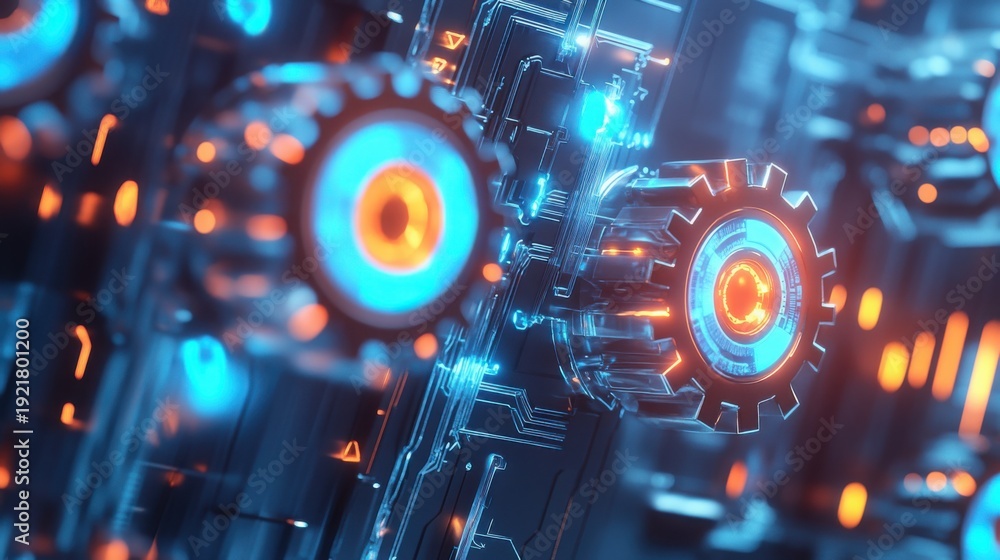 Obraz premium Futuristic mechanical gears and circuitry in a digital landscape setting
